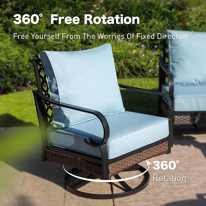 6 Piece Metal Outdoor Patio Furniture Set - 1 3-Seater & 2 Fixed & 2 Swivel Sofas with 5.75" Thick Cushion & Coffee Table - Black & Blue Backyard Furniture