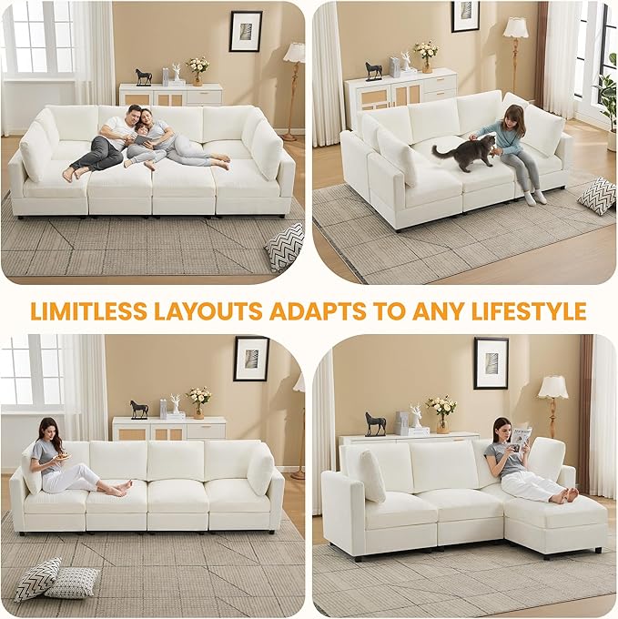 Modular Sectional Cloud Sofa Bed, 8-Seater Convertible Sofa Couch with Ottoman, Modern Deep Seat Sleeper Sofa for Living Room, Chenille Beige