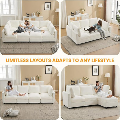 4-Seater Modular Sectional Cloud Sofa, Straight-Line Couches for Living Room, Modern Upholstered Deep Seat Sofa, Chenille Beige