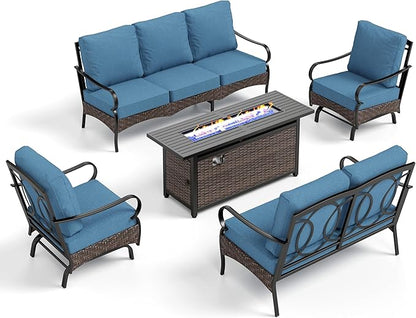 Patio Furniture Set with 56" Fire Pit Table, Premium Outdoor Wicker Metal Frame Furniture with Upgraded Waterproof Thick Cushions for Porch, Poolside, Deck, and Yard