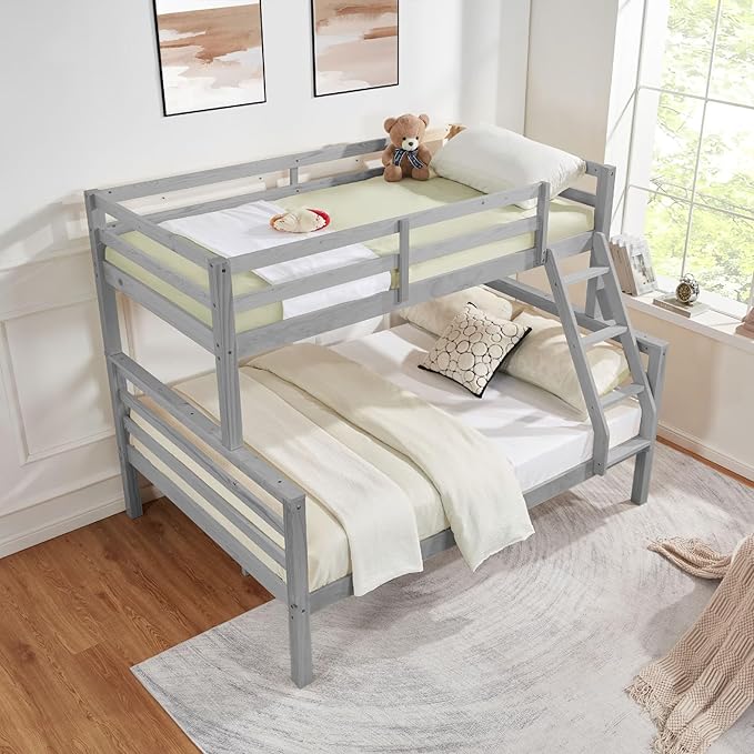 Softa Twin Over Full Bunk Bed with Thick Posts,Wooden Bunk Bed with High Guardrail and Ladder for Kids, Teens, Dorm Rooms, and Guest Rooms,No Box Spring Needed,Grey