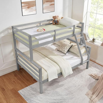 Softa Twin Over Full Bunk Bed with Thick Posts,Wooden Bunk Bed with High Guardrail and Ladder for Kids, Teens, Dorm Rooms, and Guest Rooms,No Box Spring Needed,Grey