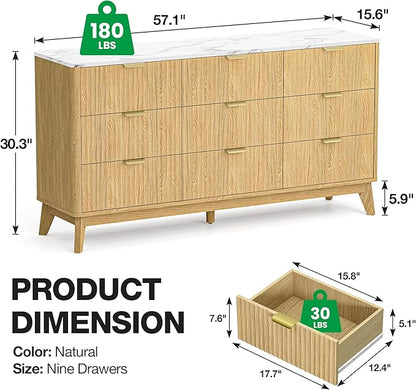 Fluted 9 Drawer Dresser, 57" Wide Chest of Drawers with Faux Marble Top,Modern Dresser TV Stand, Wood Closet Clothes Storage Organizer with Curved Edges for Bedroom, Living Room, Natural