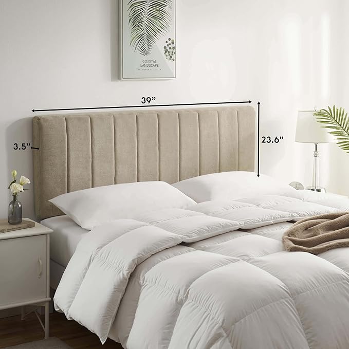 Hearth & Harbor Upholstered Twin Headboard - Easy Assemble Channel Stitched Headboard Twin Size - Wall Mounted Headboards with 3D Soundproof Wall Panels Peel & Stick Floating Headboards, Linen