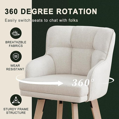 360°Swivel Counter Height Bar Stools with Back, 26 inch Solid Wood Legs, Bar Stool Modern Kitchen Island Chairs, Fabric (Beige- Fabric, 26" H- Set of 4)