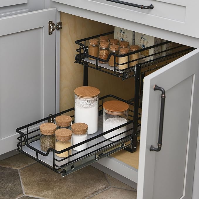 Household Essentials Glidez Multipurpose Paint-Finished Steel Pull-Out/Slide-Out Storage Organizer with Plastic Liners for Under Cabinet Use - 2-Tier Dual-Slide Design, Black
