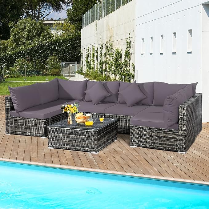Tangkula 7 Pieces Patio Rattan Furniture Set, Patiojoy Outdoor Conversation Set with Cushions and Tempered Glass Coffee Table, All-Weather Sectional Sofa Set for Garden, Lawn, Backyard (Grey)