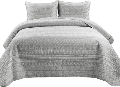 Lush Decor Hygge Geo Pattern Striped 3 Piece Quilt Bedding Set, Full/Queen, Light Gray