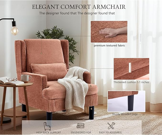 Accent Chair for Living Room Chairs Upholstered Oversized Reading Chair Armchair Accent Chairs for Living Room Chair with High Back and Wood Legs, Arm Chair Comfy Chair for Bedroom(Orange red)