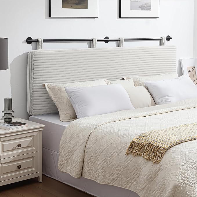 UEV King Headboard Only, Wall Mounted Hanging Upholstered Bed Head Board, Modern Vertical Channel Design of Fine Flannel, Elegant Beige Fluted Headboard for Bedroom (Beige, King Size)
