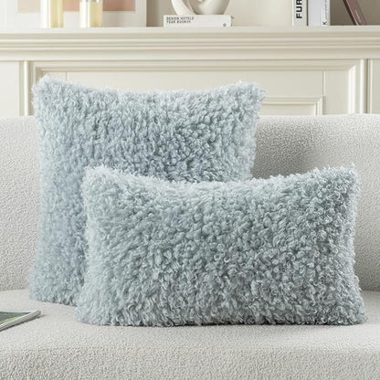 FUTEI Light Blue Decorative Throw Pillow Covers 18x18 Inch Set of 2,Soft Fluffy Faux Wool Fur Boucle Textured Cushion Case,Modern Home Decor for Couch Bed Living Room Office