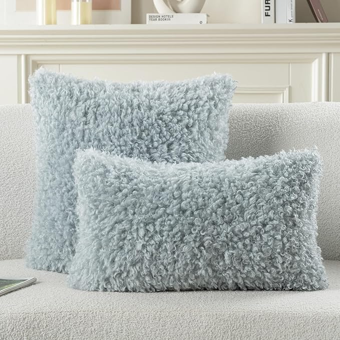 FUTEI Light Blue Decorative Throw Pillow Covers 26x26 Inch Set of 2,Soft Fluffy Faux Wool Fur Boucle Textured Euro Pillow Shams,Modern Home Decor for Couch Bed Living Room Office