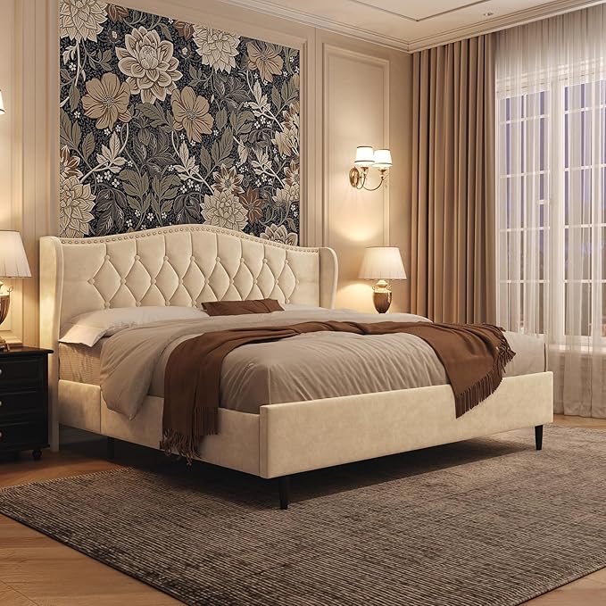 Belffin Full Size Bed Frame with Headboard, Upholstered Velvet Luxury Bed Frame with Wingback, Anti-Slide Tall Footboard, Button Tufted & Nailhead Trim, Noise-Free, No Box Spring Needed, Beige