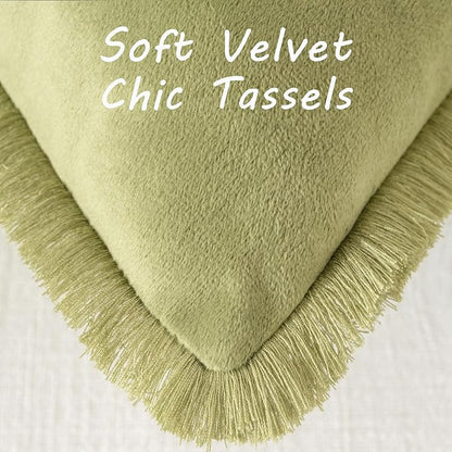 FUTEI Sage Green Velvet Decorative Throw Pillow Covers 12x20 Set of 2,Soft Cozy Edge with Tassels Lumbar Pillow Cases,Boho Modern Home Decor for Couch Bed Living Room