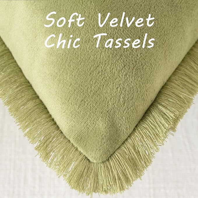 FUTEI Sage Green Velvet Decorative Throw Pillow Covers 16x16 Set of 2,Soft Cozy Edge with Tassels Cushion Case,Boho Modern Home Decor for Couch Bed Living Room