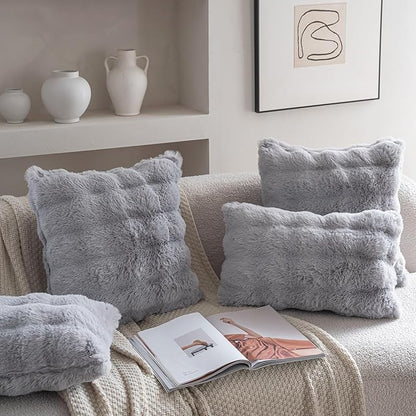Neelvin Gray Faux Fur Cozy Soft Double-Sided Decorative Throw Pillow Covers 20x20 inch Set of 2,Velvet Pillowcase Cushion Case for Sofa Couch