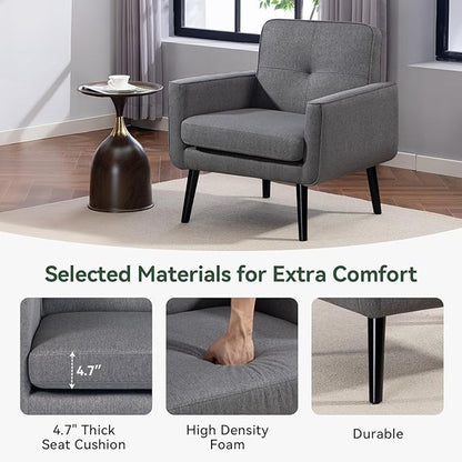 Mid Century Accent Chair, Fabric Modern Chair with Wooden Frame, Cozy Armchair Reading Chair with Comfy Back for Apartment, Living Room, Bedroom, Waiting Room, Small Space, Corner, Grey