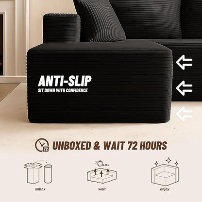 107" Boneless Couch with Deep Seat, Modular Sectional Sofa, Cloud Sectional Couch for Living Room, No Assembly Required, Corduroy, U-Shape 3 Seater Right, Black