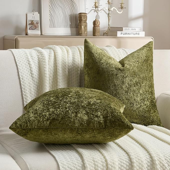 FUTEI Moss Green Flannel Throw Pillow Covers 18x18 Inch Set of 2,Soft Dimensional Textured Cushion Cases,Modern Home Decor for Couch Living Room