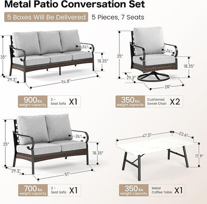 5 Piece Metal Outdoor Patio Furniture Set, Patio Conversation Sets 1 3-Seater Sofa, 2-Seater Sofa, 2 Swivel Sofa with 5.75" Cushion & Coffee Table Black Backyard Furniture, Light Gray