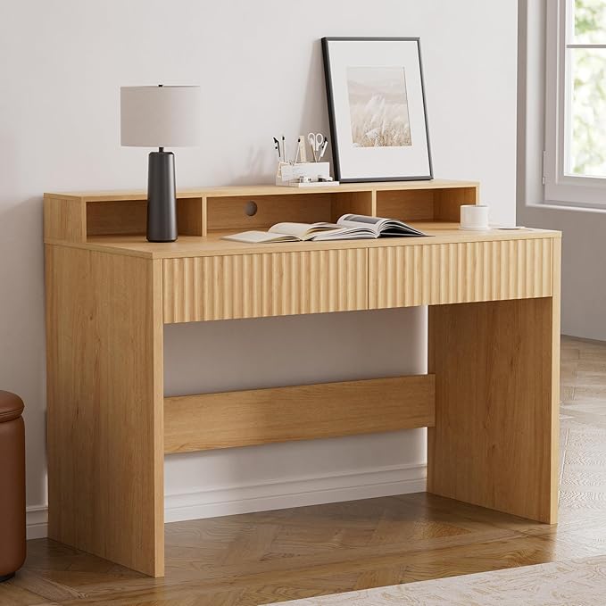 47" Fluted Office Desk with Storage Shelf, Modern Wood Executive Desk with Long Monitor Stand & 2 Drawers, Home Writing Study Computer Table Vanity Desk, Natural Oak