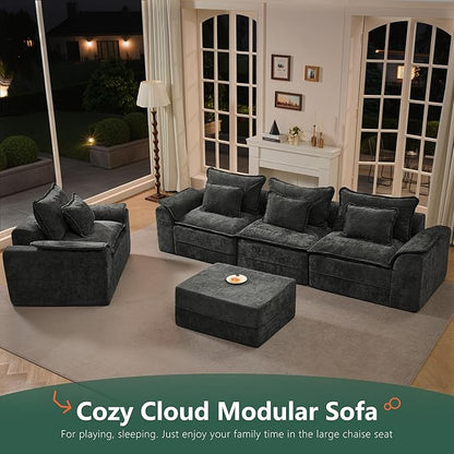 Hobestluk 120" Cloud Modular Sectional Couch 3-Seater Sofa with Ottomans U Shaped Couch Deep Seat Sofa with Removable Cover Large Sofa for Living Room (Dark Grey, 3-Seater Sofa with Two Ottomans)