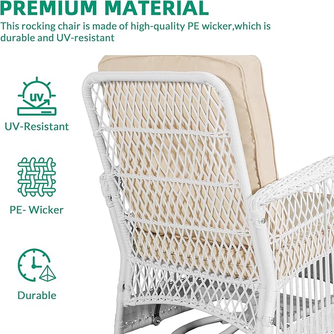 VIVIJASON 5-Piece Outdoor Patio White Wicker Conversation Sets, All Weather Outdoor Rattan Furniture Set Includes Glider Loveseat, 2 Coffee Table, 2 Swivel-Gliders Chairs with Cushions, Beige