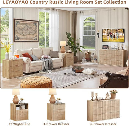 LEYAOYAO Fluted Nightstand with Charging Station, 23" Modern Night Stand with Woodgrain Top, 3 Drawers End Table w/Storage, Bedside Tables for Bedroom, Living Room, Curved Profile Design,Wood