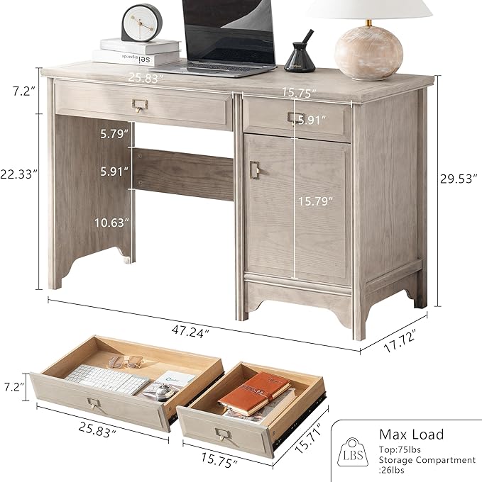 Chogori 47" Solid Wood Executive Desk, Farmhouse Office Computer Desk with 2 Drawers & Storage Cabinet, Wooden Writing Table for Home Office Study Bedroom,Gray