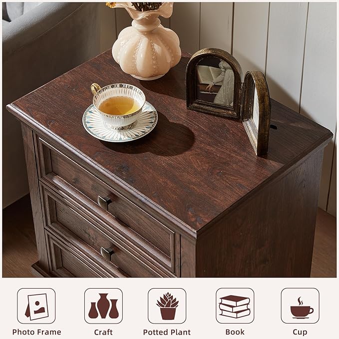 Farmhouse Bedroom Dresser and Nightstand Set of 4, 6 Drawer Low & 5 Drawers Dresser & 3 Drawer Nightstand Set with Wooden Legs, Rustic Wood Bedroom Furniture for Livingroom, Hallway, Walnut