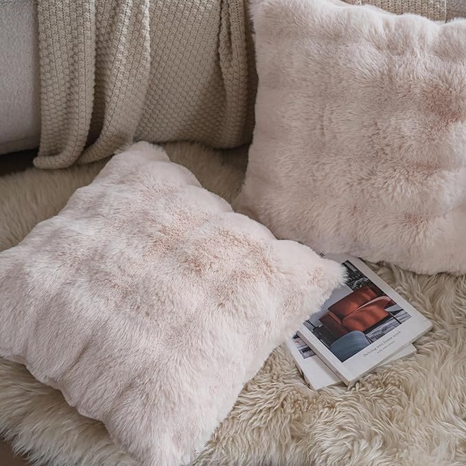 Neelvin Beige Faux Fur Cozy Soft Double-Sided Decorative Throw Pillow Covers 20x20 inch Set of 2,Velvet Pillowcase Cushion Case for Sofa Couch