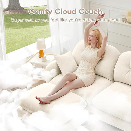 140" 4 Seater Couch for Living Room, Comfy Chenille Fabric Cloud Sectional Couch, Modern Upholstered Deep Seat Sofa with Armrest Pillow, Oversized Sectional Sofa, Beige