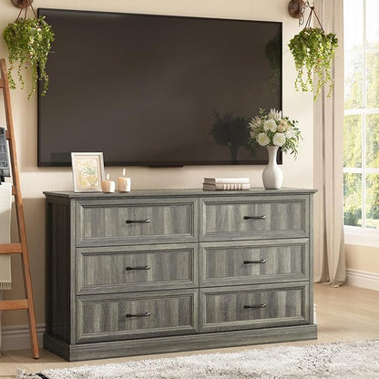 Farmhouse 6 Drawer Dresser for Bedroom, 55 Inch Wide Modern Grey Dresser TV Stand with Large Drawers & Bar Handles, Rustic Wood Chest of Drawers for Bedroom, Living Room