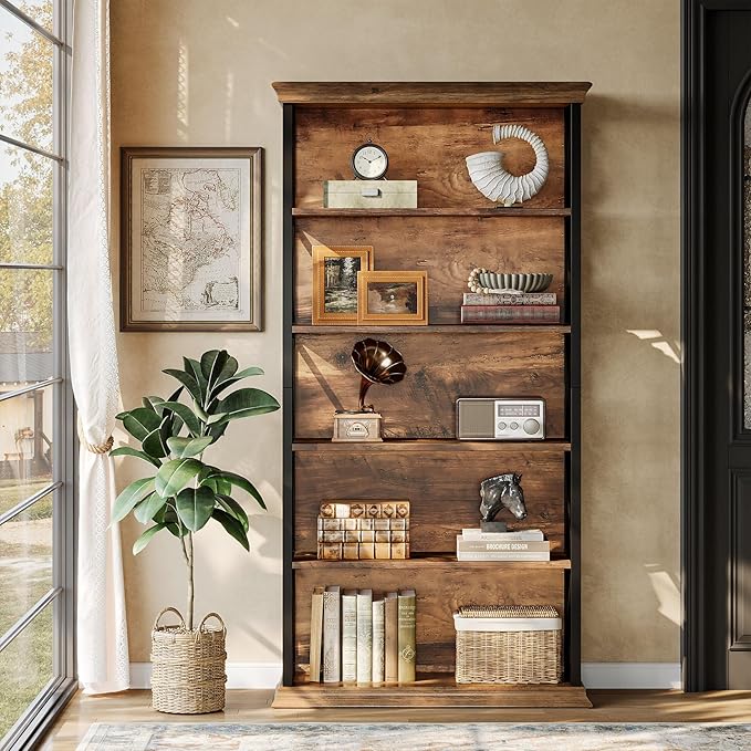 Tribesigns 71-Inch Tall Bookcase, 5-Tier Industrial Metal Bookshelf, Large Etagere Bookcases and Bookshelves, Freestanding Display Shelves for Living Room, Bedroom, Rustic Brown and Black