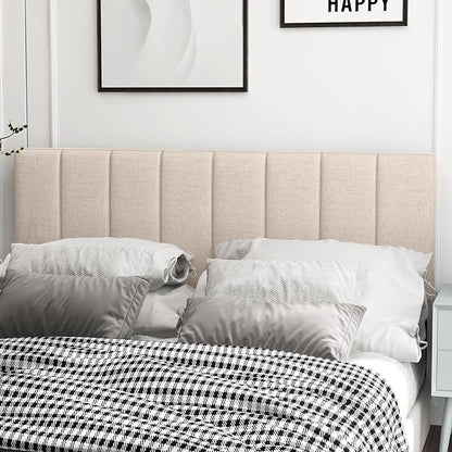 KOMFOTT Linen Upholstered Headboard for Full & Queen Size Bed, Vertical Channel Tufted Rectangular Headboard with Solid Wood Legs & Adjustable Width, Padded Bed Backboard, Easy Assembly, Beige