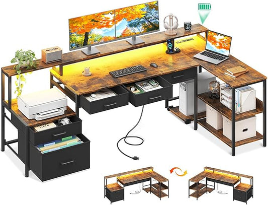 AODK L Shaped Desk with 5 File Drawers, 75" Reversible L Shaped Computer Desk with Power Outlet & LED Strip, Office Desk with Storage Shelves, Gaming Desk with Monitor Shelf, Corner Desk, Vintage