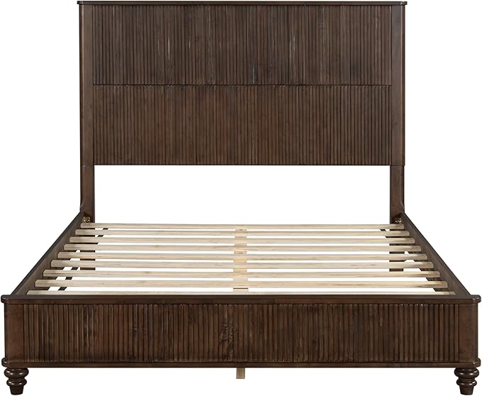 Queen Size Solid Wood Platform Bed Frame, Solid Wood Bed with 63.58" Headboard, Solid Wood Leg/No Box Spring Needed/Noise Free/Brown