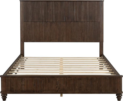 Queen Size Solid Wood Platform Bed Frame, Solid Wood Bed with 63.58" Headboard, Solid Wood Leg/No Box Spring Needed/Noise Free/Brown