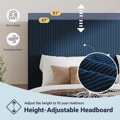 Allewie Queen Size Upholstered Bed Frame with Vertical Channel Tufted Headboard, Soft Corduroy Fabric Platform Bed, Strong Wooden Slats Support, Easy Assembly, No Box Spring Needed, Dark Blue