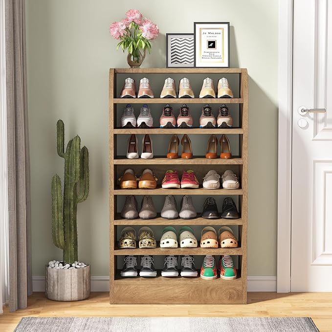 Tribesigns Shoe Rack for Entryway, 8-Tier Tall Shoe Shelf Shoes Storage, Wooden Shoe Cabinet Organizer for Closet, Hallway, Living Room, Wood Color, 2 Pcs