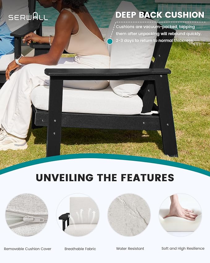 SERWALL Patio Conversation Sets, 7 Piece, Black Frame with Khaki Cushions