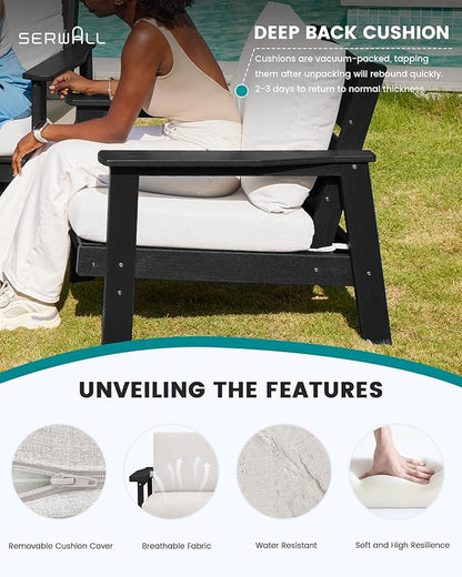 SERWALL HDPE Patio Furniture Set with 15FT Double Side Patio Umbrella, All Weather Wood-Like Outdoor Sofa Sectional Couch, Black Patio Furniture with Khaki Cushions