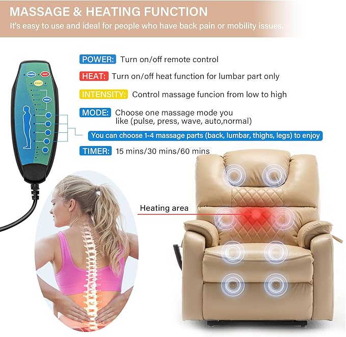 Power Lift Recliner Chair Recliners for Elderly,Lay Flat Air Leather Recliner with Heat and Massage,Dual Motor Lounge Recliners for Living Room