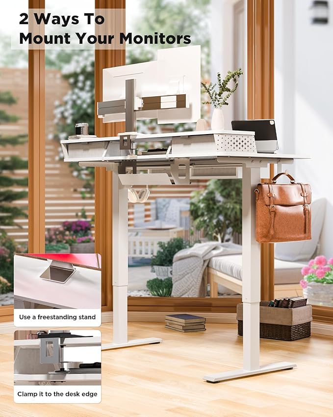 FiCiHi Adjustable Height Standing Desk with 4 Drawers,55 x 24 inches Electric Sit Stand Home Office Desk with Two Tiers, 3 Memory Presets, Monitor Stand Riser