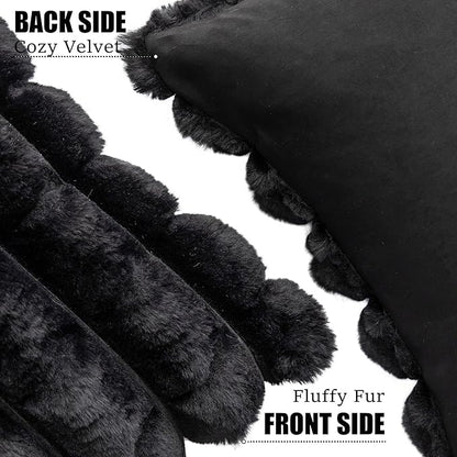 Neelvin Black Faux Fur Cozy Soft Plaid Decorative Throw Pillow Covers 12x20 inch Set of 2,Velvet Pillowcase Cushion Case for Sofa Couch