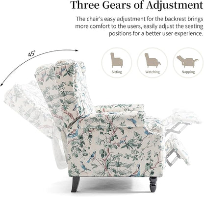 Wingback Recliner Chair, Floral Fabric Pushback Recliner Chair, Upholstered Armchair Push Back Recliner, Rivet Trim Single Sofa Accent Chair with Wood Legs for Living Room, Bird