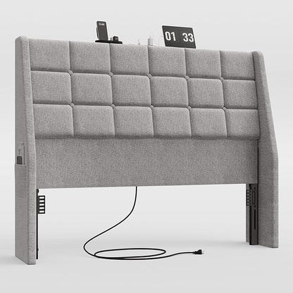 ONBRILL Ergonomic Upholstered Full Size Headboard w/Charging Station, Linen Wingback Headboards w/Storage Pocket, Full Headboard Only, Bed Frame Adapters, Sturdy Solid Wood Bed Head Board, Light Grey