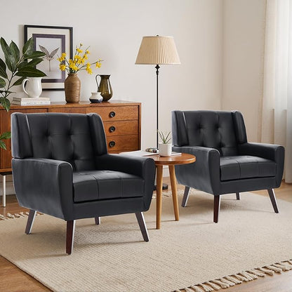 Faux Leather Accent Chairs Set of 4, Mid-Century Modern Upholstered Armchair, Comfy Living Room Chairs Reading Chairs with Button Tufted Back & Solid Wood Legs for Bedroom, Office, Black