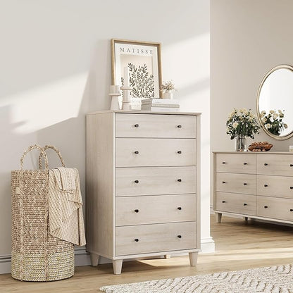 5 Drawer Dresser for Bedroom, Tall Modern Chest of Drawers, Beveled Profile Design, Wood Drawer Organizer for Bedroom, Living Room, Hallway and Entryway,Light Oak