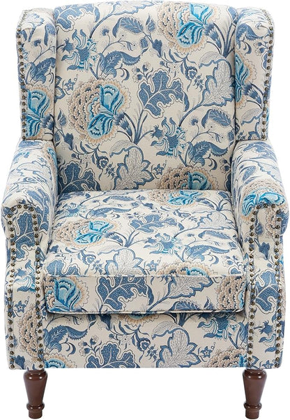 Pia Ricco Set of 2 Floral Accent Chairs, High Back Upholstered Armchairs with Retro Wingback Design, Nailhead Trim & Solid Wood Legs for Living Room Bedroom(Flower Blue)